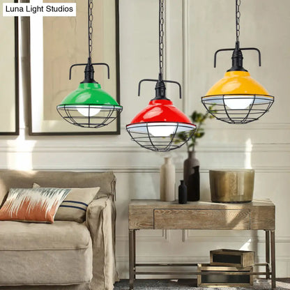 Industrial Hanging Lamp: 11"/14" Dia 1-Light Dome Pendant, Black/Blue Metal with Wire Cage for Indoor Lighting