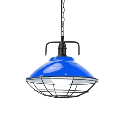 Industrial Hanging Lamp: 11"/14" Dia 1-Light Dome Pendant, Black/Blue Metal with Wire Cage for Indoor Lighting