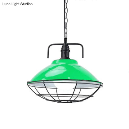 Industrial Hanging Lamp: 11"/14" Dia 1-Light Dome Pendant, Black/Blue Metal with Wire Cage for Indoor Lighting