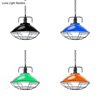 Industrial Hanging Lamp: 11"/14" Dia 1-Light Dome Pendant, Black/Blue Metal with Wire Cage for Indoor Lighting