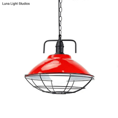 Industrial Hanging Lamp: 11"/14" Dia 1-Light Dome Pendant, Black/Blue Metal with Wire Cage for Indoor Lighting