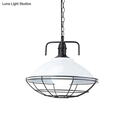 Industrial Hanging Lamp: 11"/14" Dia 1-Light Dome Pendant, Black/Blue Metal with Wire Cage for Indoor Lighting