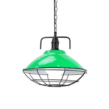 Industrial Hanging Lamp: 11"/14" Dia 1-Light Dome Pendant, Black/Blue Metal with Wire Cage for Indoor Lighting