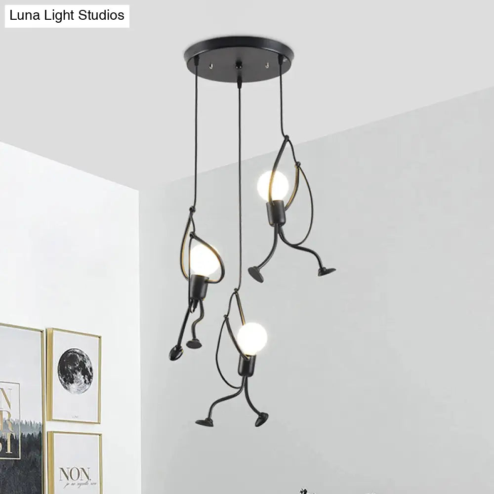 Industrial Hanging Light Fixture with Human Shape Design - 3-Bulb Restaurant Pendant Lamp in Black