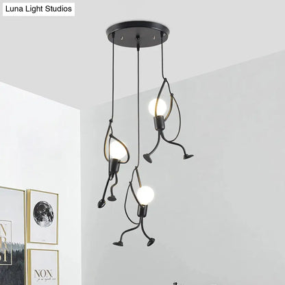 Industrial Hanging Light Fixture with Human Shape Design - 3-Bulb Restaurant Pendant Lamp in Black