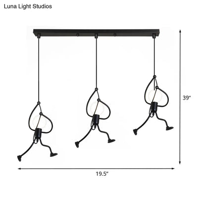 Industrial Hanging Light Fixture with Human Shape Design - 3-Bulb Restaurant Pendant Lamp in Black