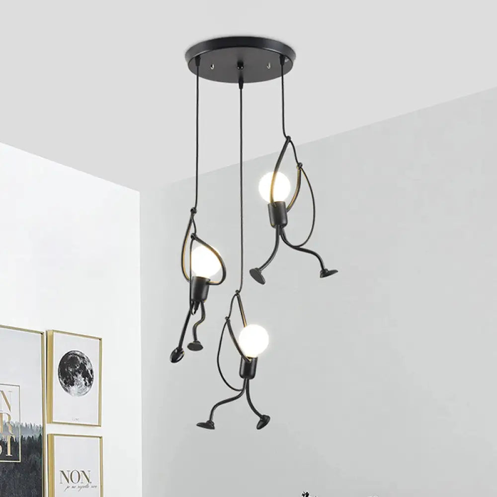 Industrial Hanging Light Fixture with Human Shape Design - 3-Bulb Restaurant Pendant Lamp in Black