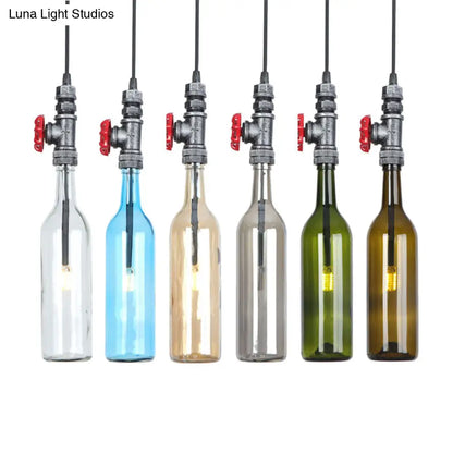 Industrial Hanging Pendant Lamp with Wine Bottle Glass Shades in Black, Silver, or Bronze Finish