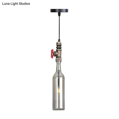 Industrial Hanging Pendant Lamp with Wine Bottle Glass Shades in Black, Silver, or Bronze Finish