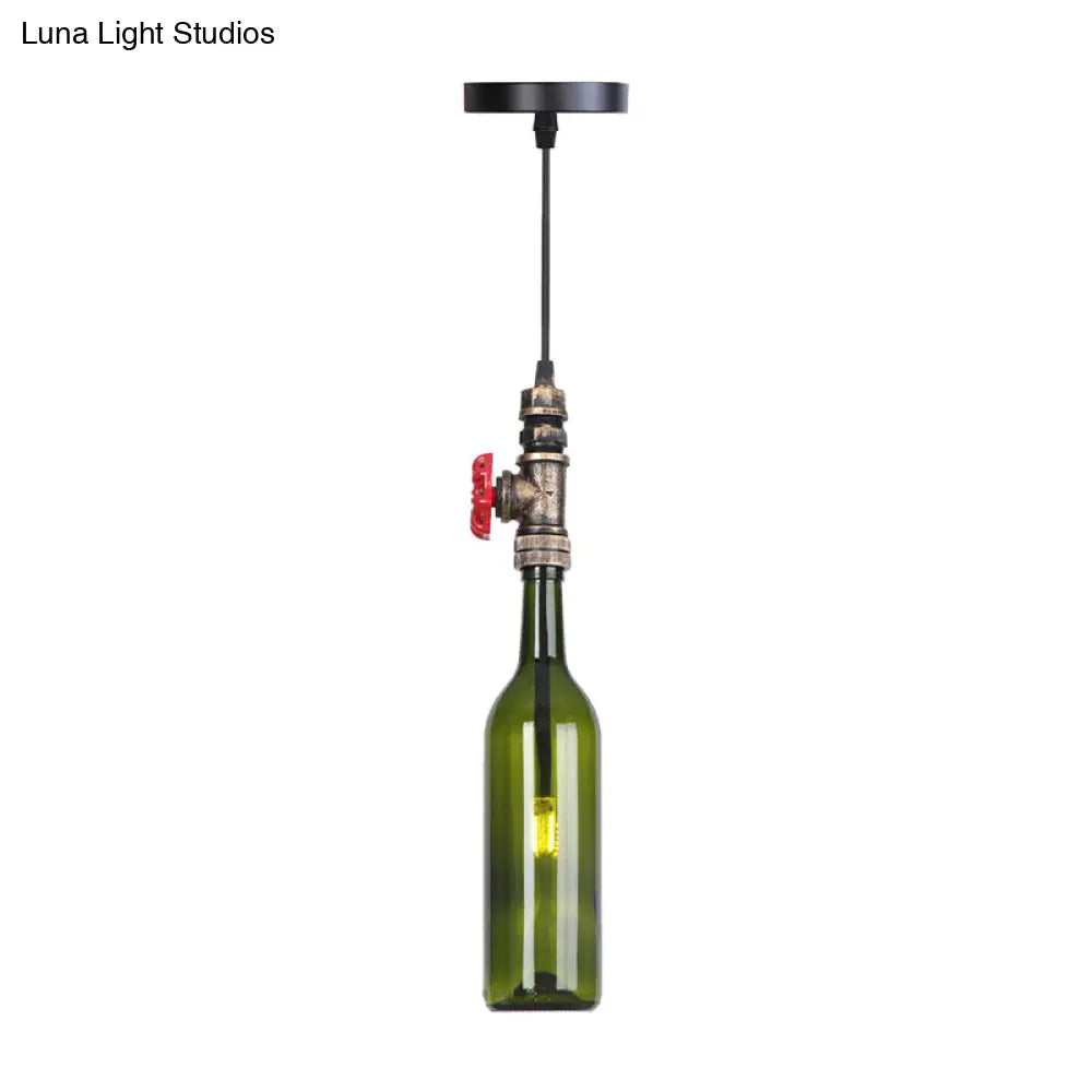 Industrial Hanging Pendant Lamp with Wine Bottle Glass Shades in Black, Silver, or Bronze Finish