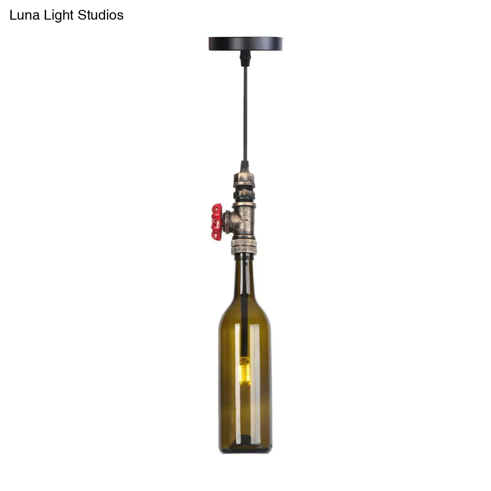 Industrial Hanging Pendant Lamp with Wine Bottle Glass Shades in Black, Silver, or Bronze Finish