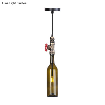 Industrial Hanging Pendant Lamp with Wine Bottle Glass Shades in Black, Silver, or Bronze Finish