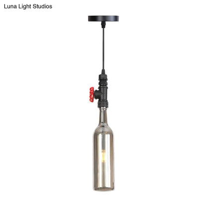 Industrial Hanging Pendant Lamp with Wine Bottle Glass Shades in Black, Silver, or Bronze Finish