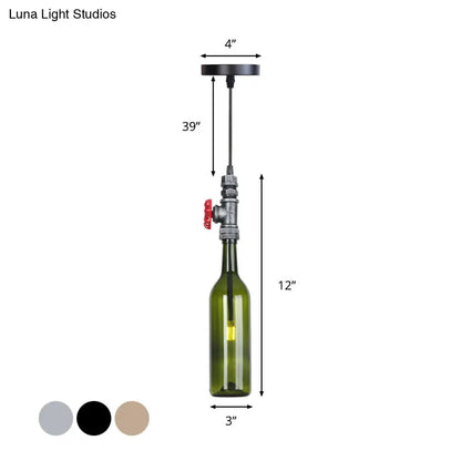 Industrial Hanging Pendant Lamp with Wine Bottle Glass Shades in Black, Silver, or Bronze Finish