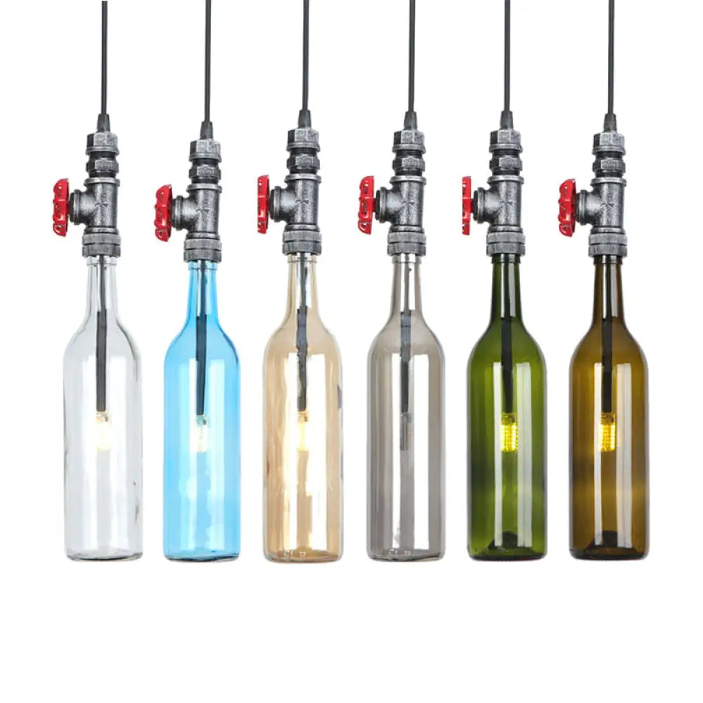 Industrial Hanging Pendant Lamp with Wine Bottle Glass Shades in Black, Silver, or Bronze Finish