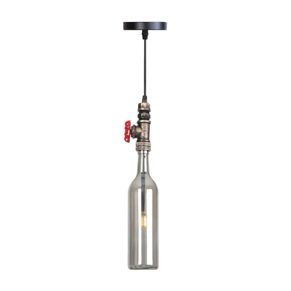 Industrial Hanging Pendant Lamp with Wine Bottle Glass Shades in Black, Silver, or Bronze Finish