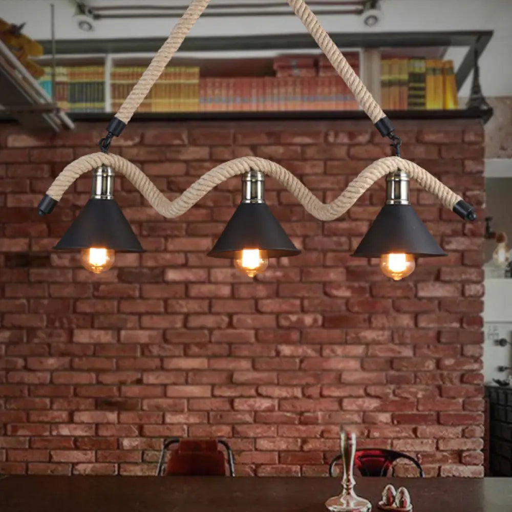 Lámpara colgante de cáñamo industrial DecorBites™ - Negro/Marrón, Diseño ondulado, 3 cabezales