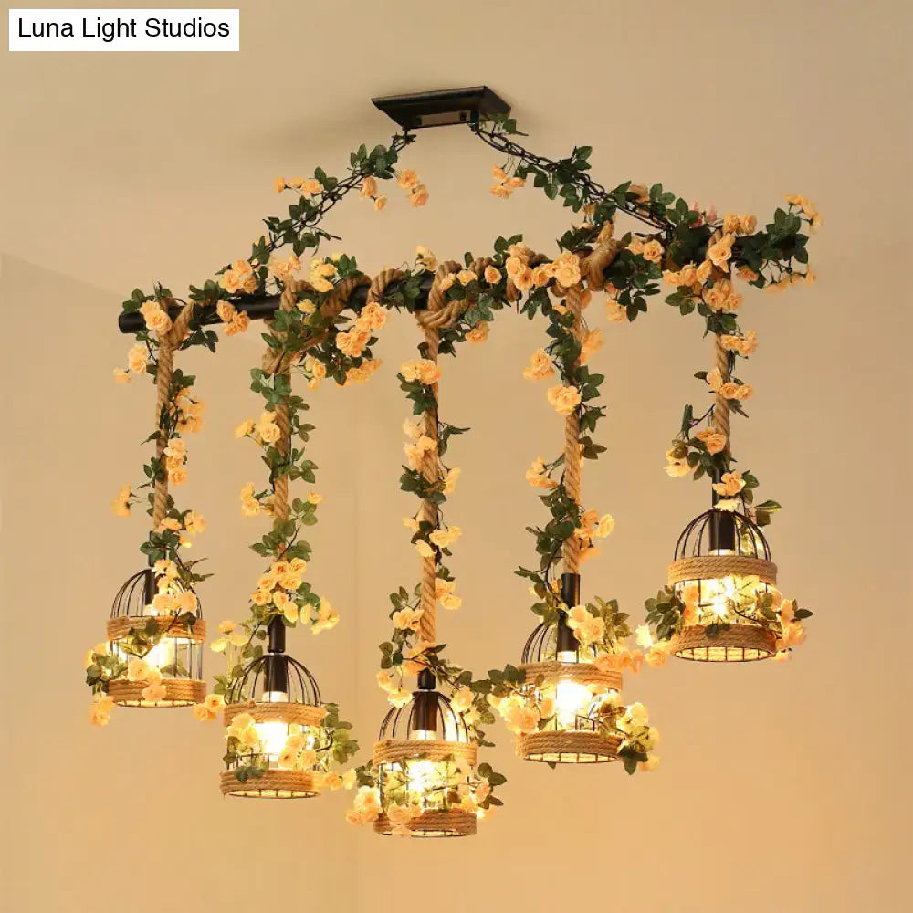Rustic decorbites industrial hemp rope chandelier with five yellow rose birdcage lights for restaurant island lighting
