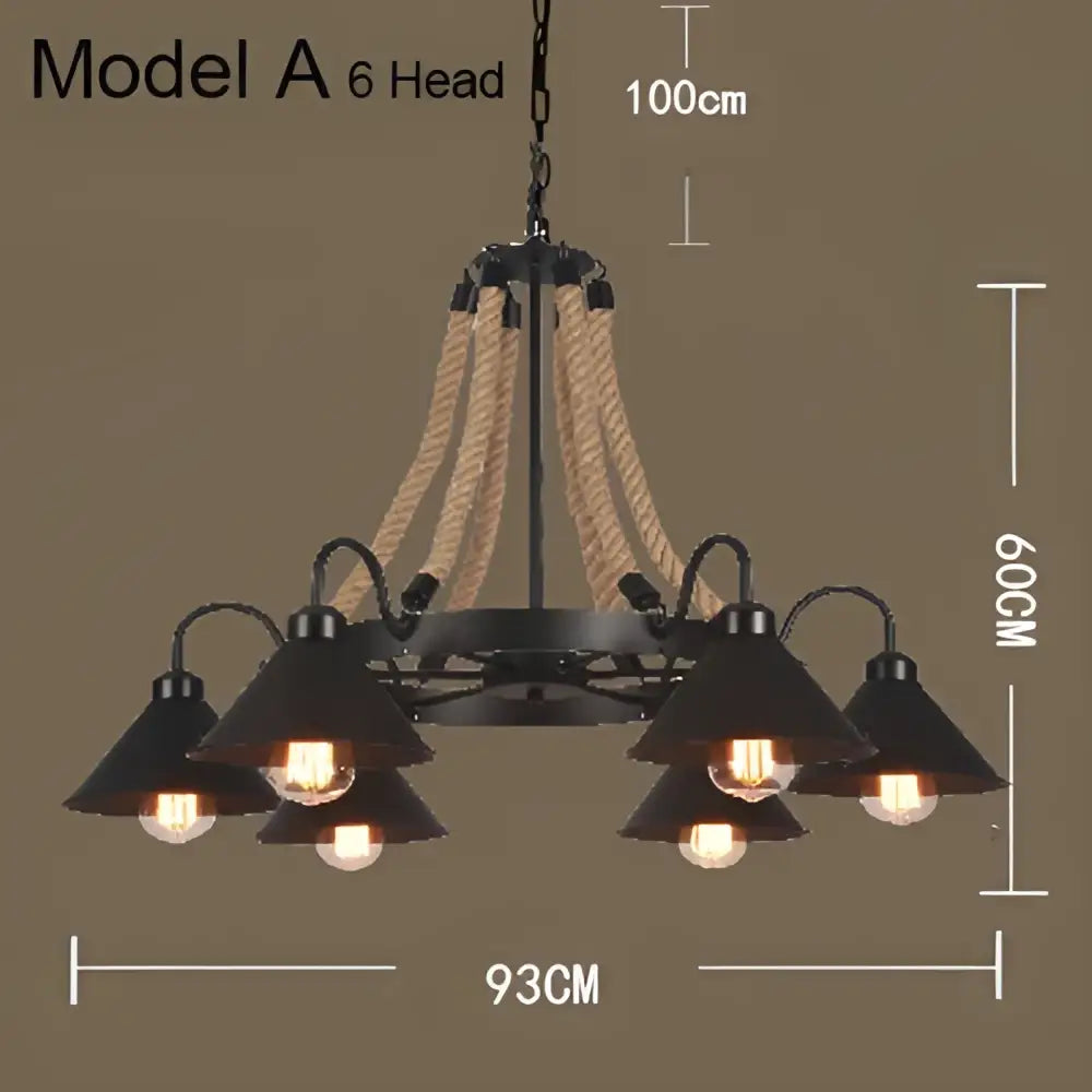 Black metal pendant light with six conical shades and industrial hemp rope accents for dining room decorbites industrial hemp