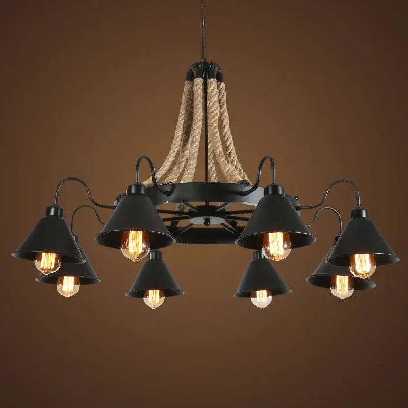 Black metal pendant light with industrial hemp rope accents and exposed filament bulbs for dining room decorbites industrial hemp