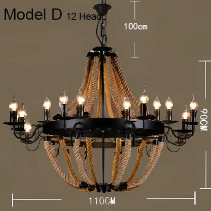 Black metal pendant light with 12 candle bulbs and natural industrial hemp rope for dining room decorbites industrial hemp rope