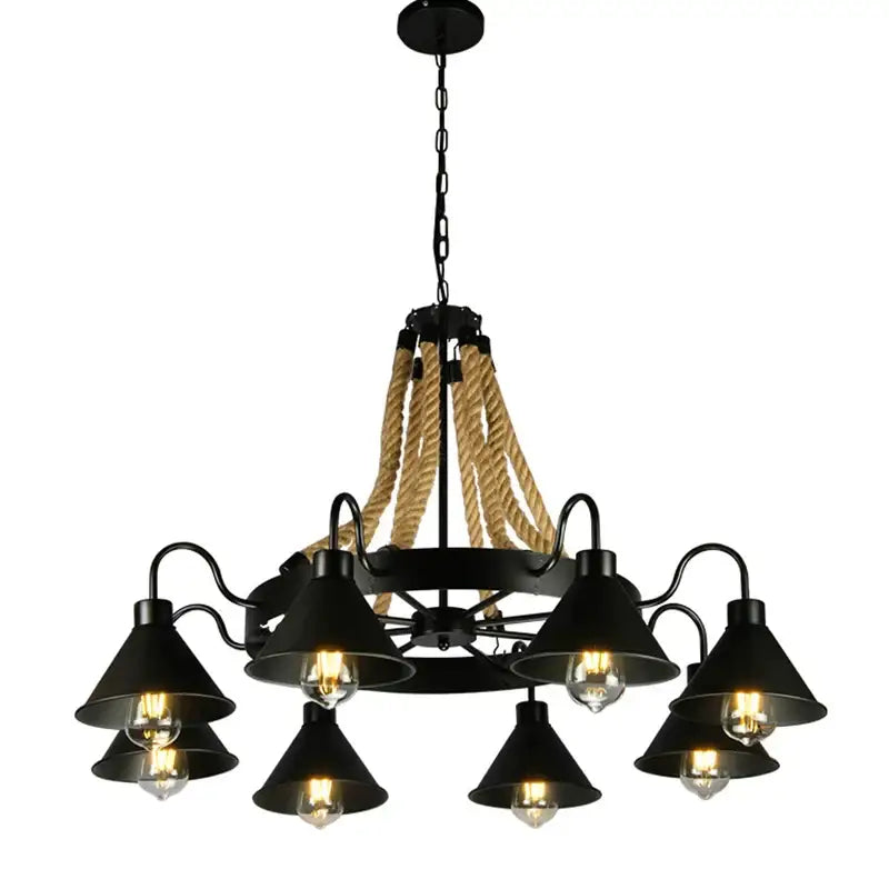 Black metal pendant light with six conical shades and industrial hemp rope accents for dining room decorbites industrial hemp