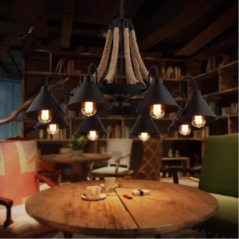 Industrial hemp rope pendant light with black metal frame and beige rope suspension for dining room decorbites industrial hemp