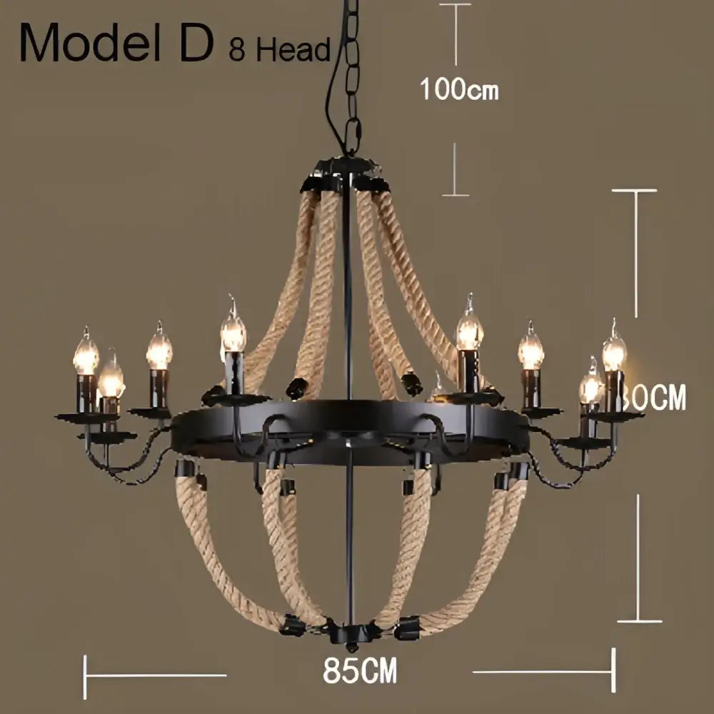 Industrial hemp rope pendant light with black metal chandelier and eight candle-like bulbs for dining room decorbites industrial hemp