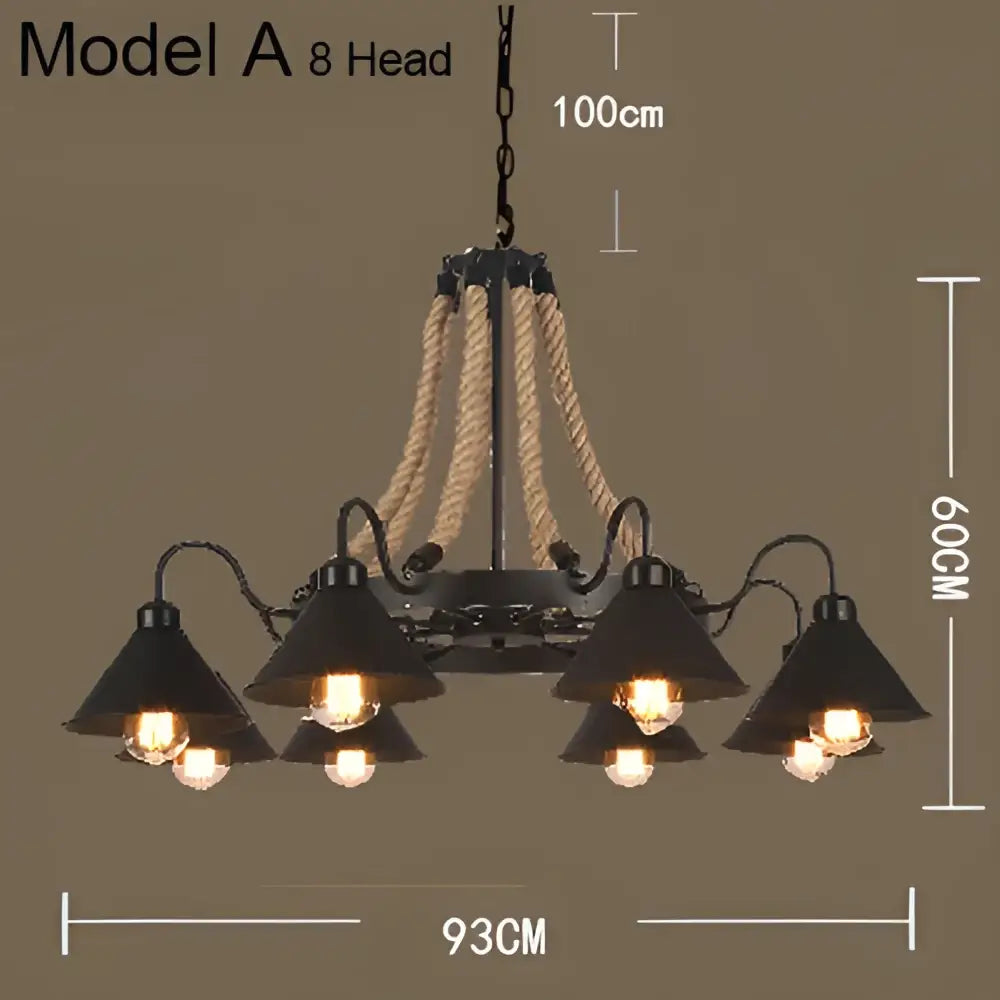 Industrial hemp rope pendant light with black metal frame eight conical shades and rope accents for dining room decorbites industrial hemp