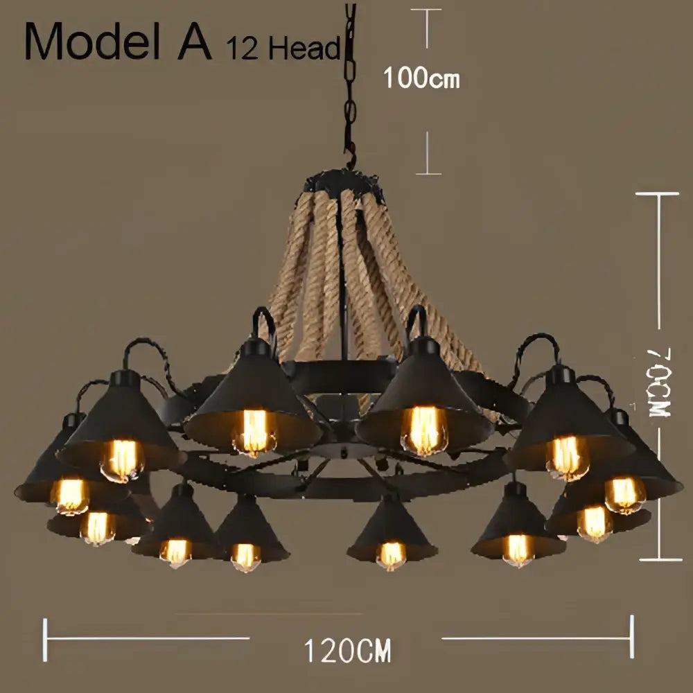 Industrial hemp rope pendant light featuring a black metal chandelier with twelve conical shades for dining room decorbites industrial hemp