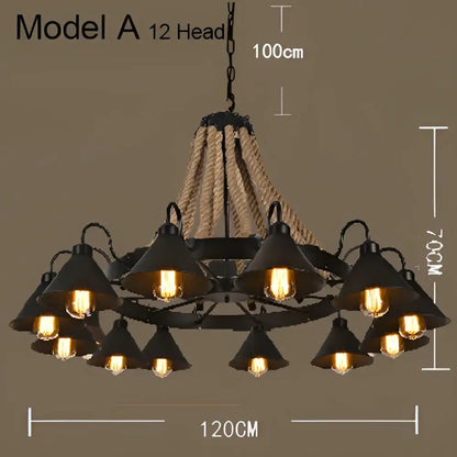 Industrial hemp rope pendant light featuring a black metal chandelier with twelve conical shades for dining room decorbites industrial hemp