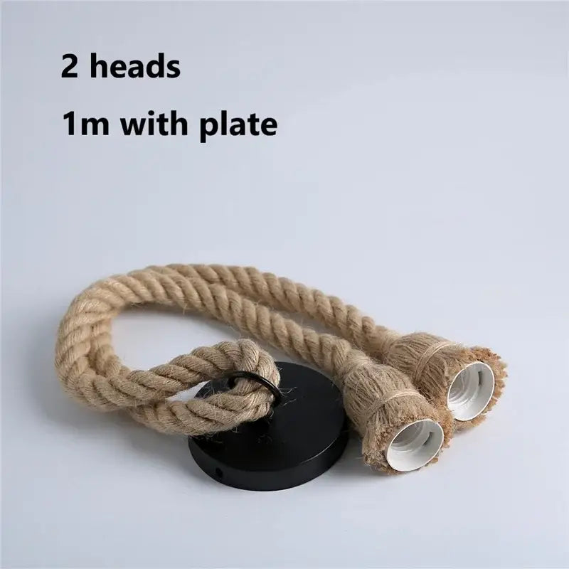 Beige industrial hemp rope pendant light with two bulb sockets and black circular plate for living room decorbites decor