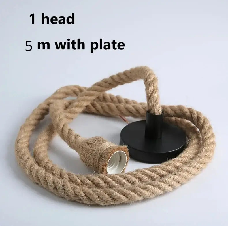 Industrial hemp rope pendant light with natural fiber rope, black metal plate, and bulb socket for living room decorbites