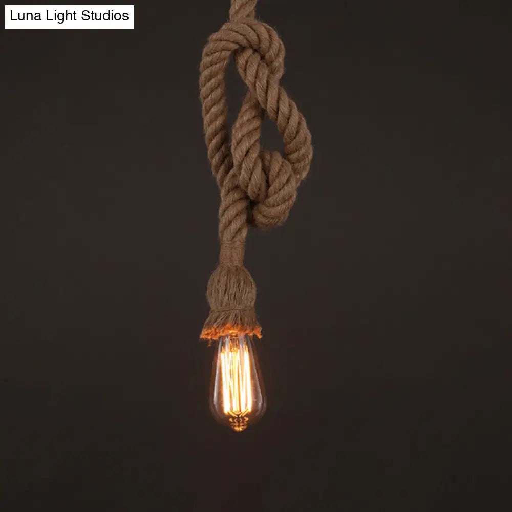 Industrial Hemp Rope Pendant Light with Exposed Bulb in Beige