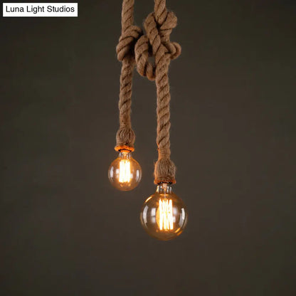 Industrial Hemp Rope Pendant Light with Exposed Bulb in Beige