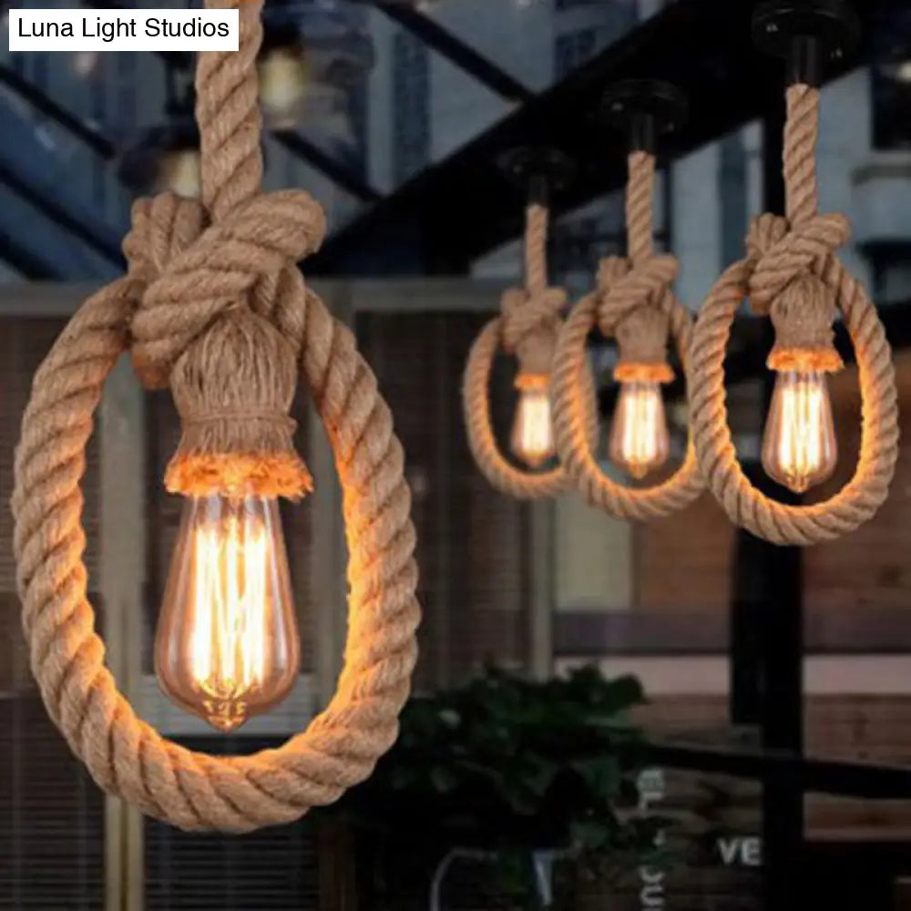 Industrial Hemp Rope Pendant Light with Exposed Bulb in Beige