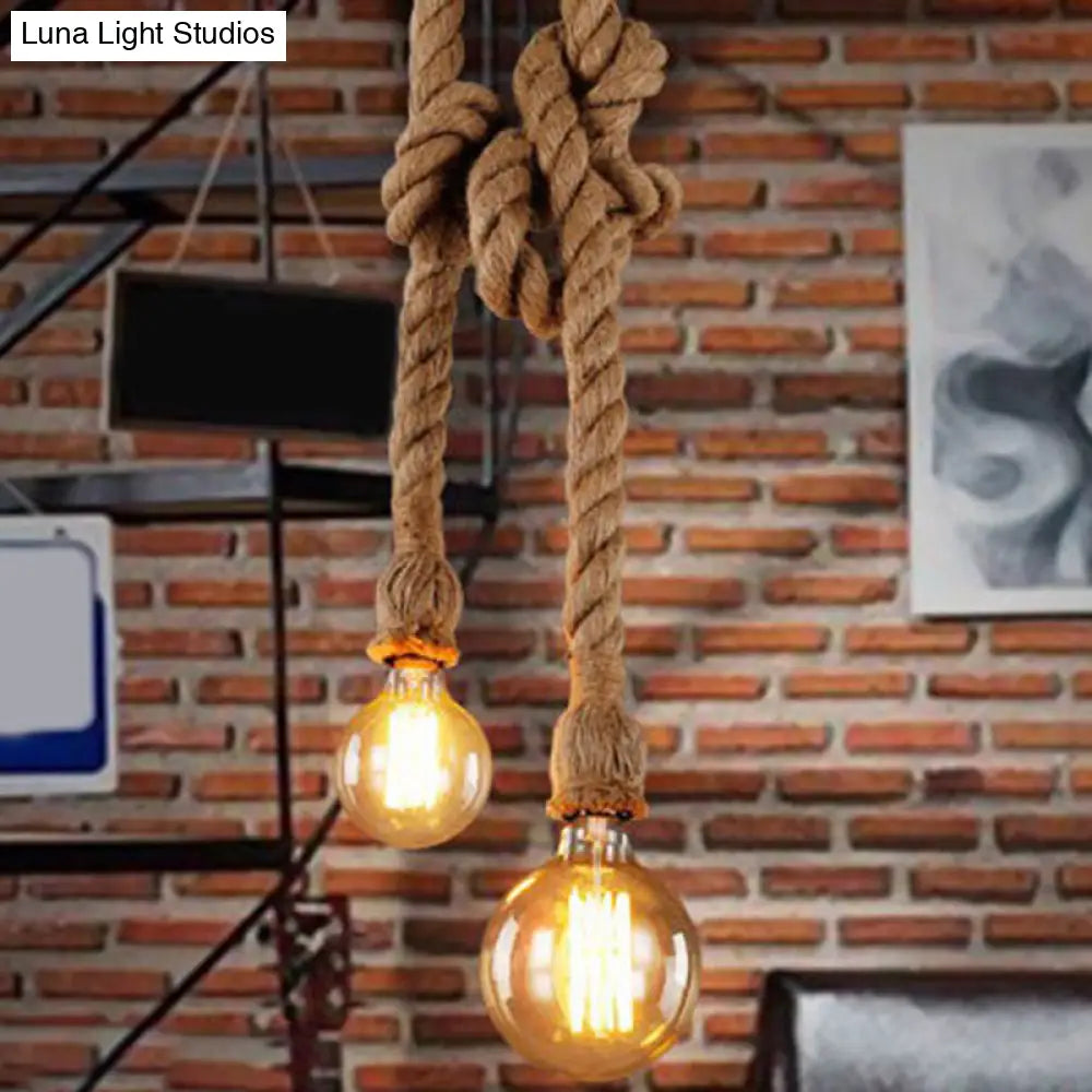 Industrial Hemp Rope Pendant Light with Exposed Bulb in Beige