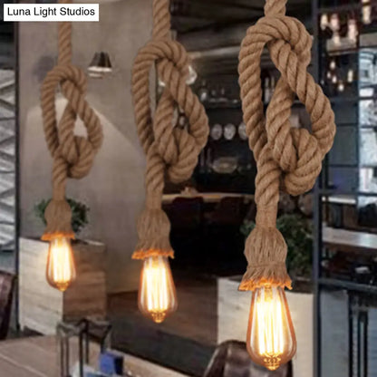 Industrial Hemp Rope Pendant Light with Exposed Bulb in Beige