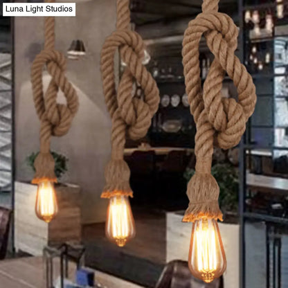 Industrial Hemp Rope Pendant Light with Exposed Bulb in Beige