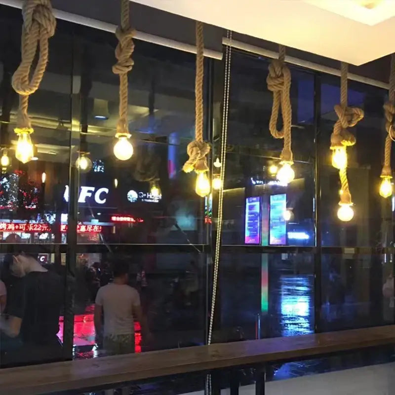 Industrial hemp rope pendant lights with thick beige decorbites hemp rope and exposed bulbs for kitchen decor