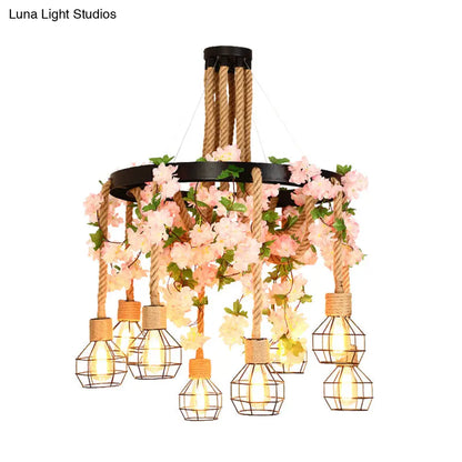 Industrial Hemp Rope Restaurant Cluster Pendant with 8 Exposed Bulb Pink/Green LED Drop Lamp and Flower/Plant