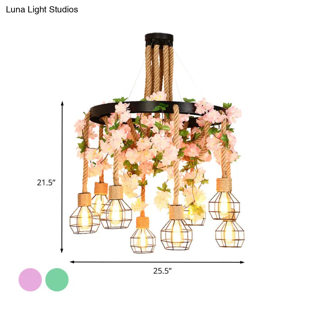 Industrial Hemp Rope Restaurant Cluster Pendant with 8 Exposed Bulb Pink/Green LED Drop Lamp and Flower/Plant