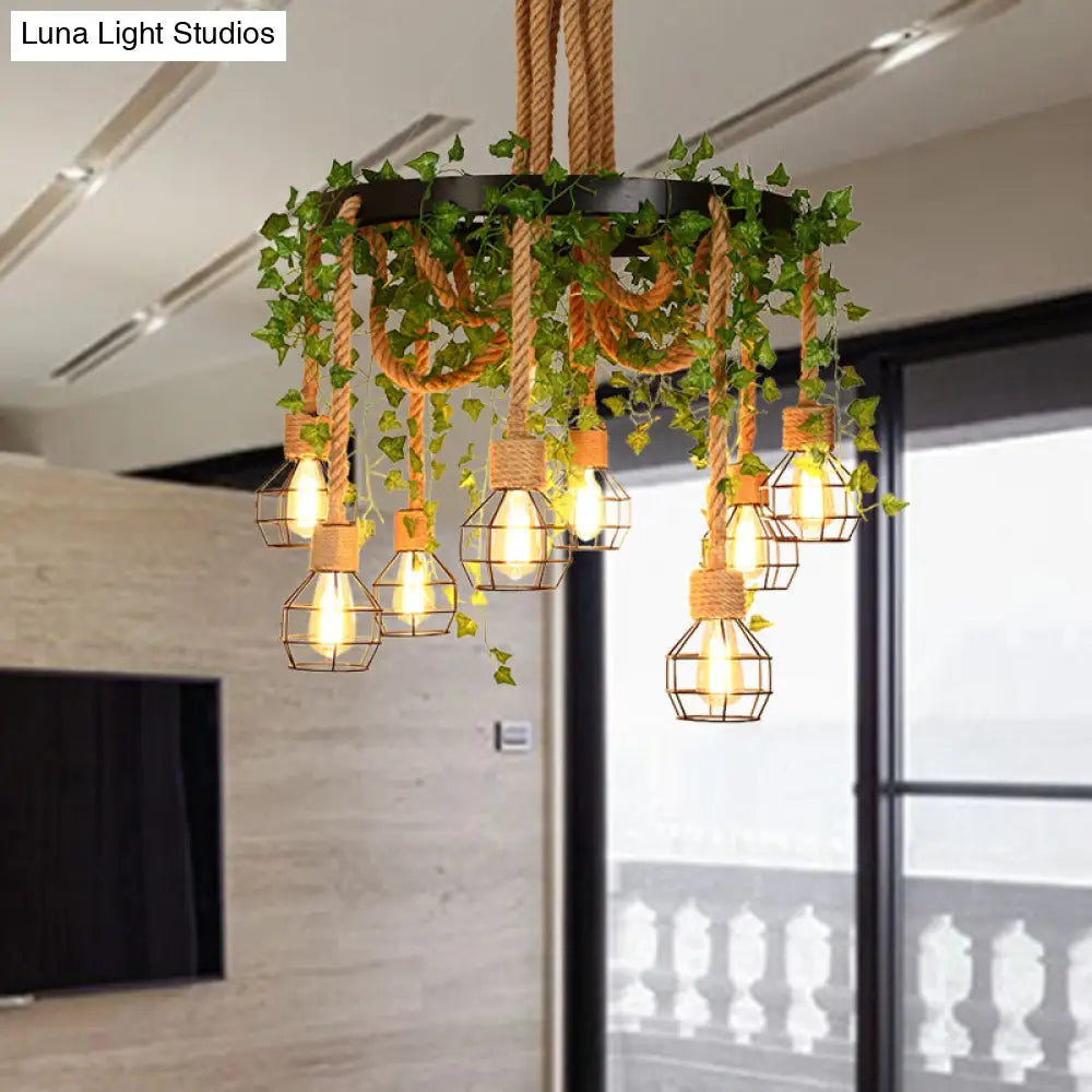 Industrial Hemp Rope Restaurant Cluster Pendant with 8 Exposed Bulb Pink/Green LED Drop Lamp and Flower/Plant