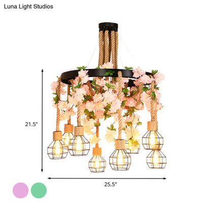 Industrial Hemp Rope Restaurant Cluster Pendant with 8 Exposed Bulb Pink/Green LED Drop Lamp and Flower/Plant