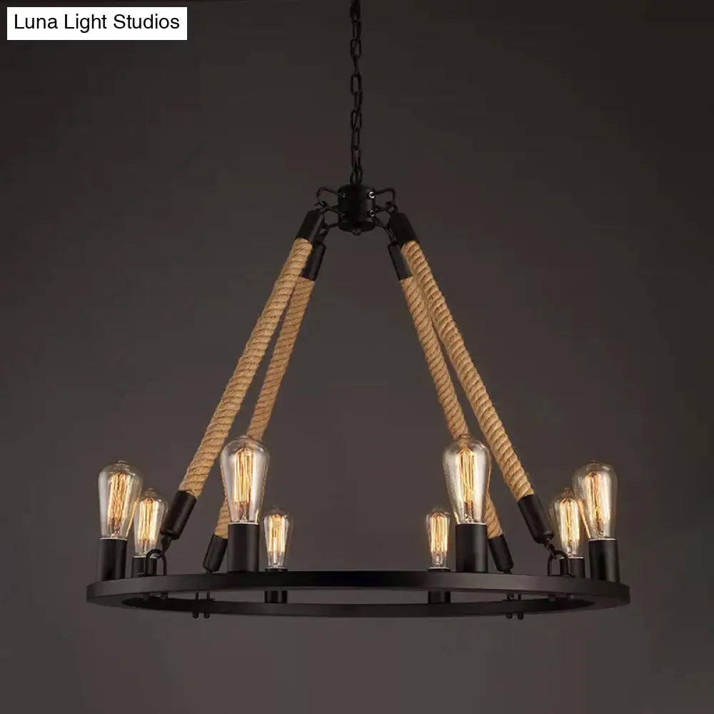 Industrial Hemp Rope Wagon Wheel Chandelier with 6/8 Black Pendant Lights for Living Room Ceiling