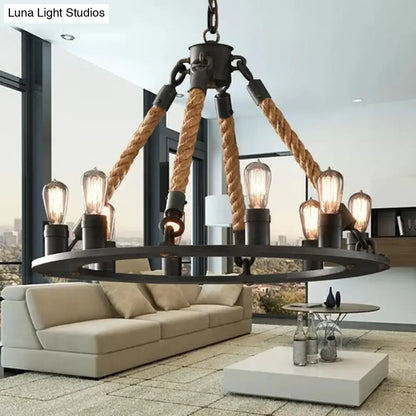 Industrial Hemp Rope Wagon Wheel Chandelier with 6/8 Black Pendant Lights for Living Room Ceiling