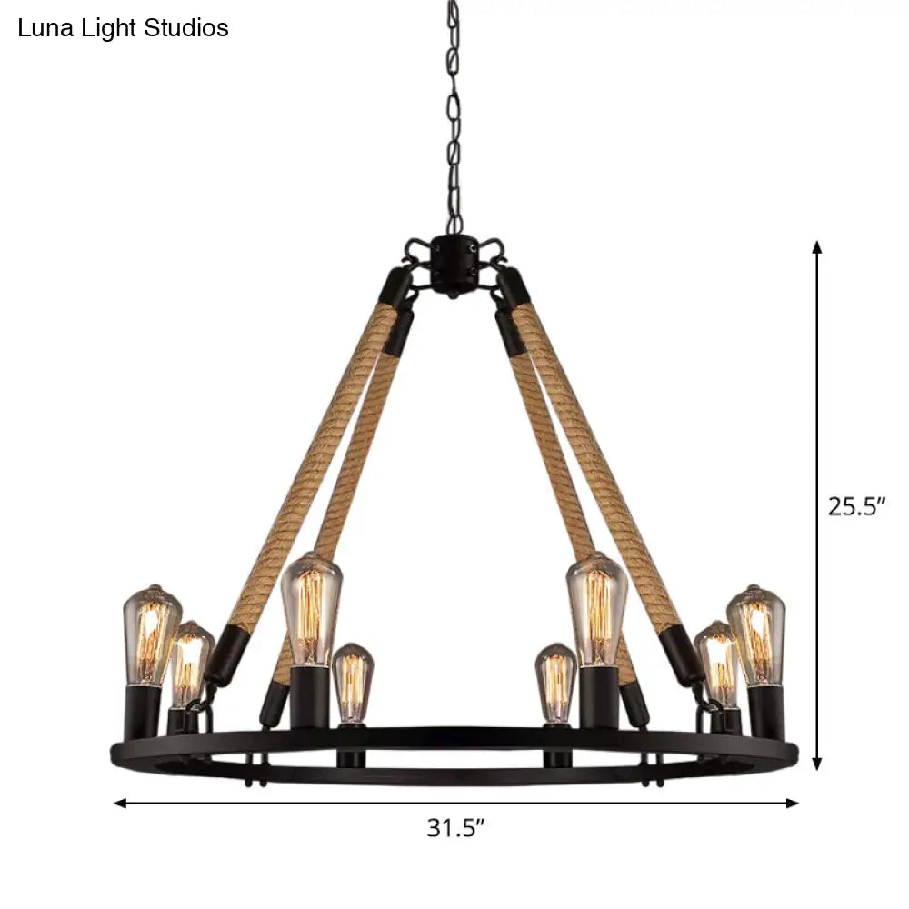 Industrial Hemp Rope Wagon Wheel Chandelier with 6/8 Black Pendant Lights for Living Room Ceiling