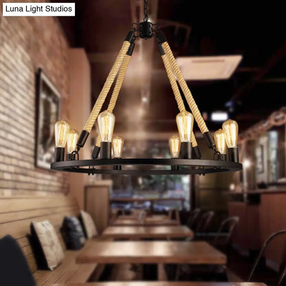 Industrial Hemp Rope Wagon Wheel Chandelier with 6/8 Black Pendant Lights for Living Room Ceiling