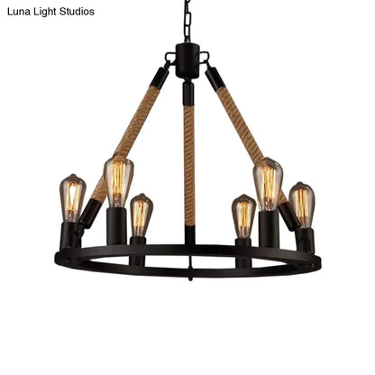 Industrial Hemp Rope Wagon Wheel Chandelier with 6/8 Black Pendant Lights for Living Room Ceiling