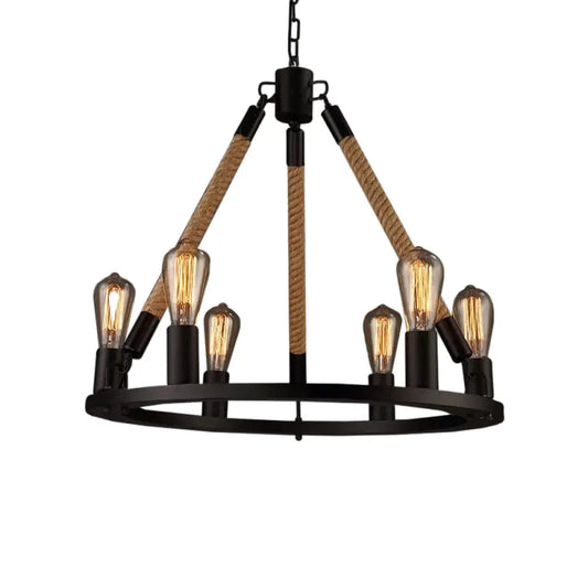 Industrial Hemp Rope Wagon Wheel Chandelier with 6/8 Black Pendant Lights for Living Room Ceiling